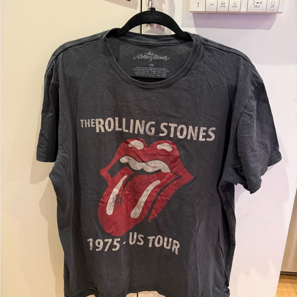 the Rolling Stones Black Short Sleeve 1975 US Tour Tee with Red Tongue Logo